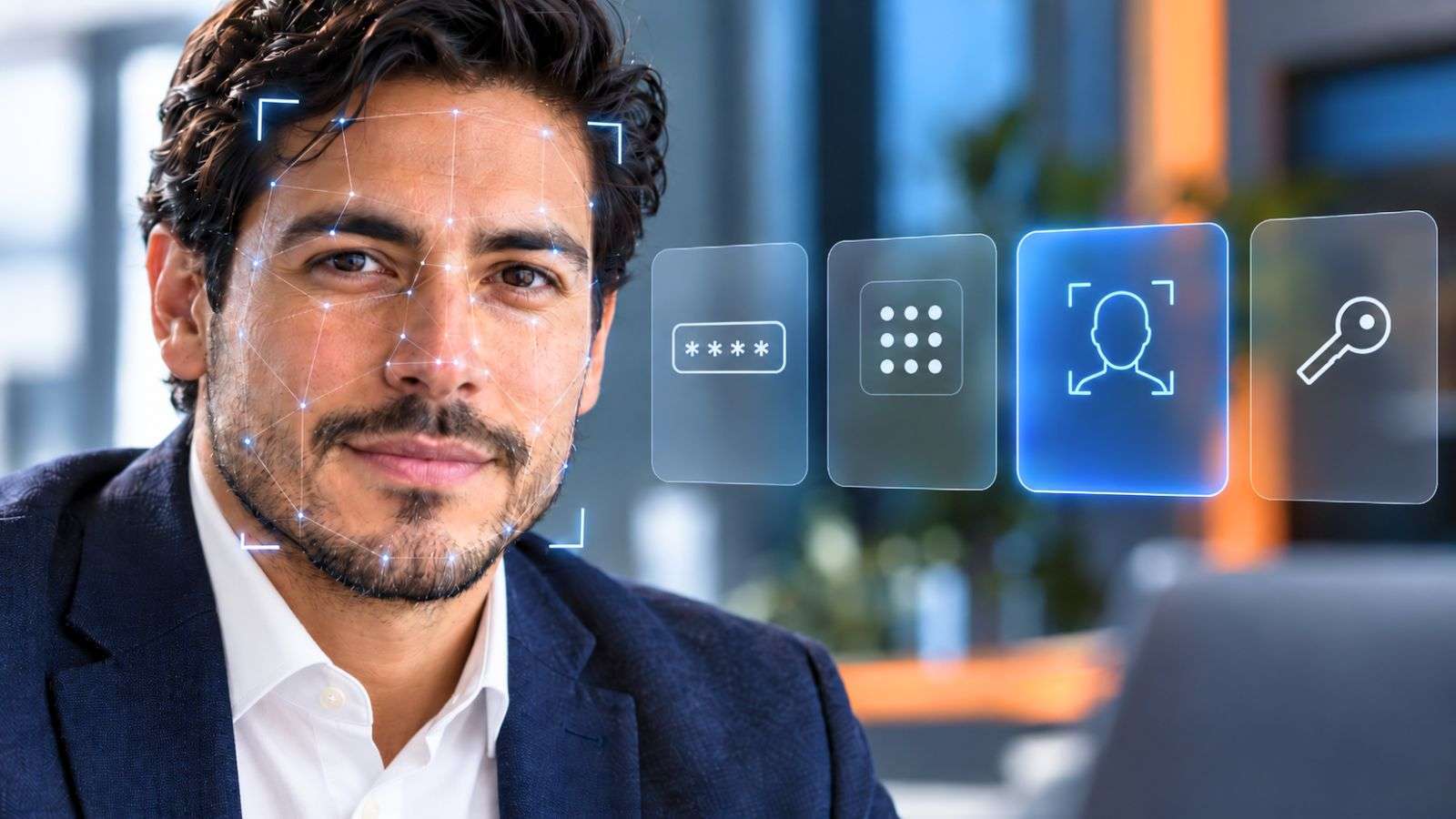 Hombre mirando de frente con puntos y líneas de reconocimiento facial superpuestos sobre su rostro.