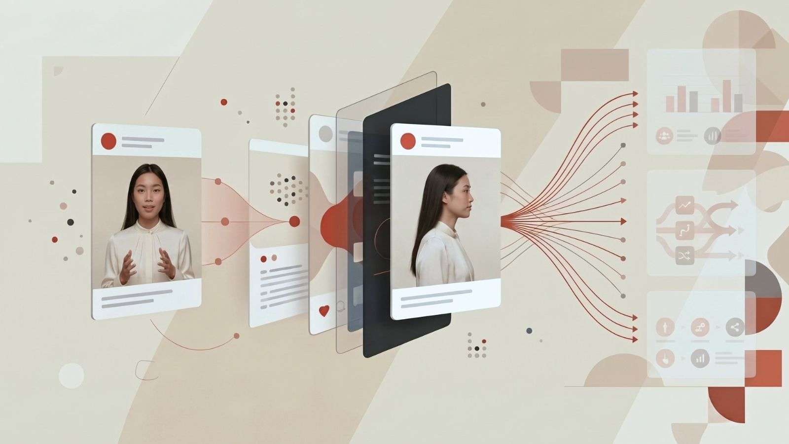 Ilustración editorial de pantallas y tarjetas digitales conectadas que representan cómo un algoritmo vuelve a mostrar ciertos influencers y contenidos.