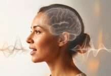 Perfil de una persona hablando, con ondas sonoras y una representación del cerebro.