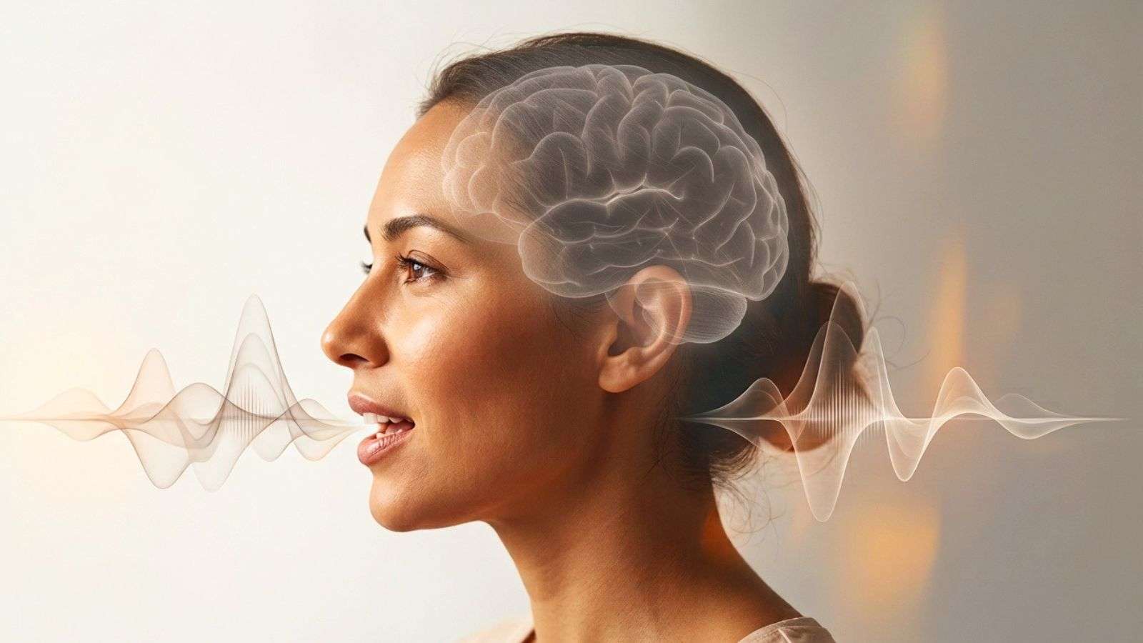 Perfil de una persona hablando, con ondas sonoras y una representación del cerebro.