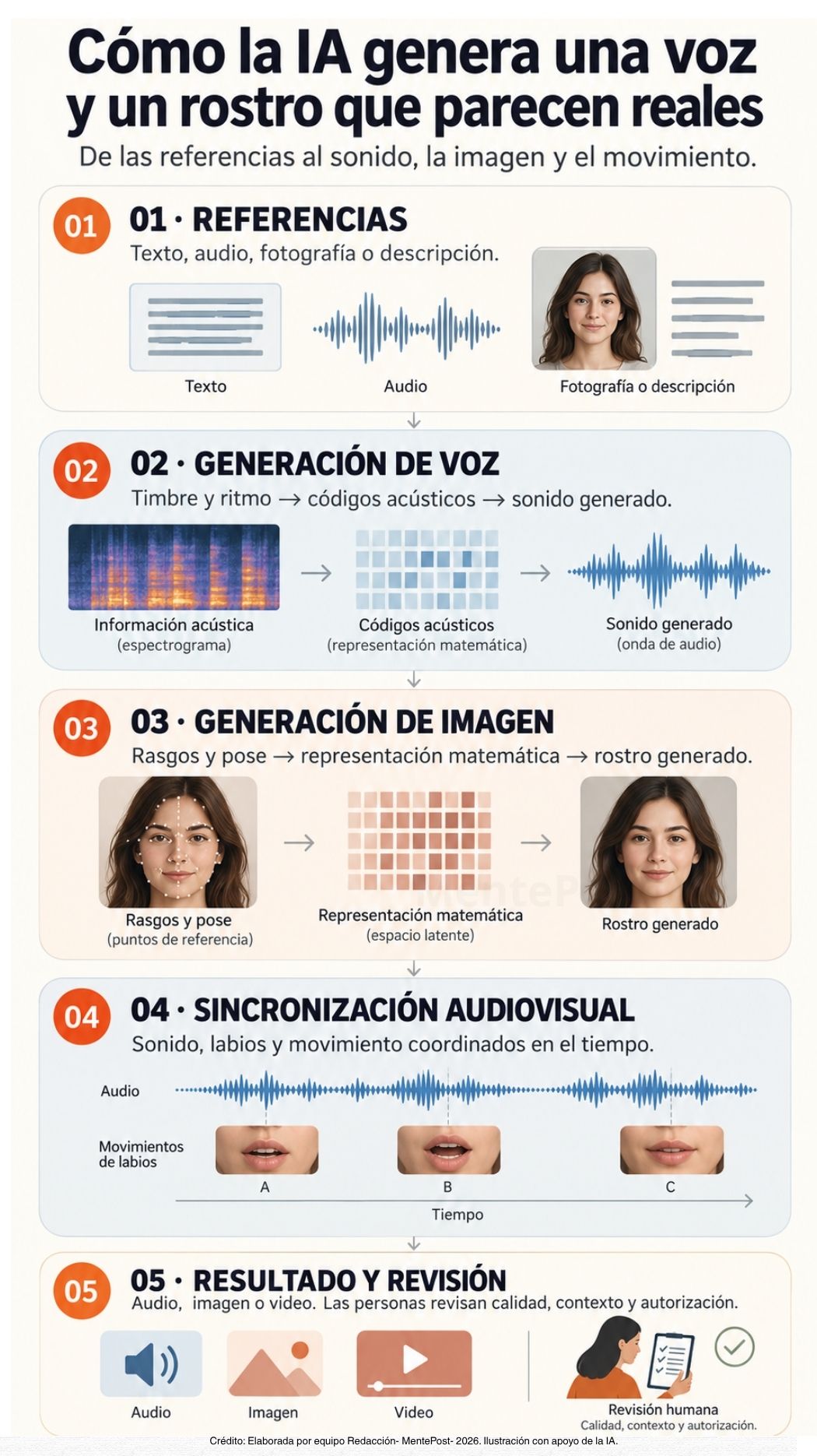 Esquema de los procesos de generación de voz e imagen con IA, desde las referencias y representaciones matemáticas hasta la sincronización audiovisual.