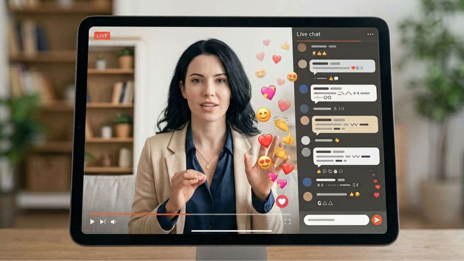 Pantalla en primer plano muestra a un influencer durante un live junto a un chat activo que sugiere comunidad digital.