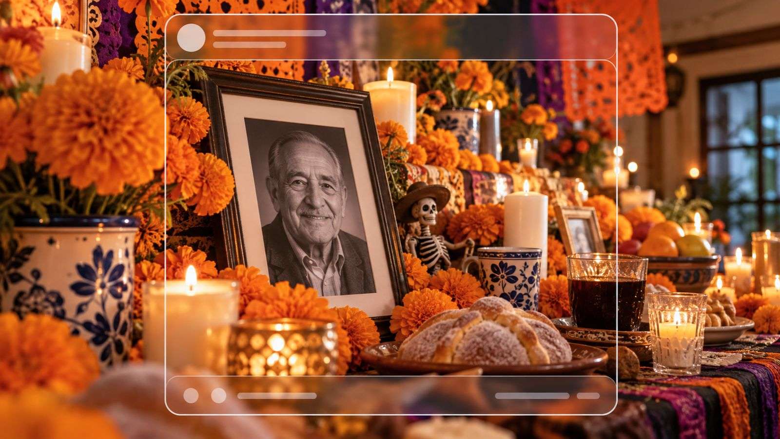 Acercamiento editorial a una ofrenda de Día de Muertos con la fotografía de un hombre adulto mayor al frente y una interfaz visual de publicación digital superpuesta de forma sutil.