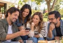 Cuatro amigos conversan mientras observan una fotografía en un teléfono durante una reunión al aire libre en el campo.