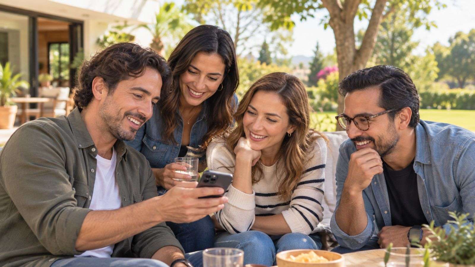 Cuatro amigos conversan mientras observan una fotografía en un teléfono durante una reunión al aire libre en el campo.
