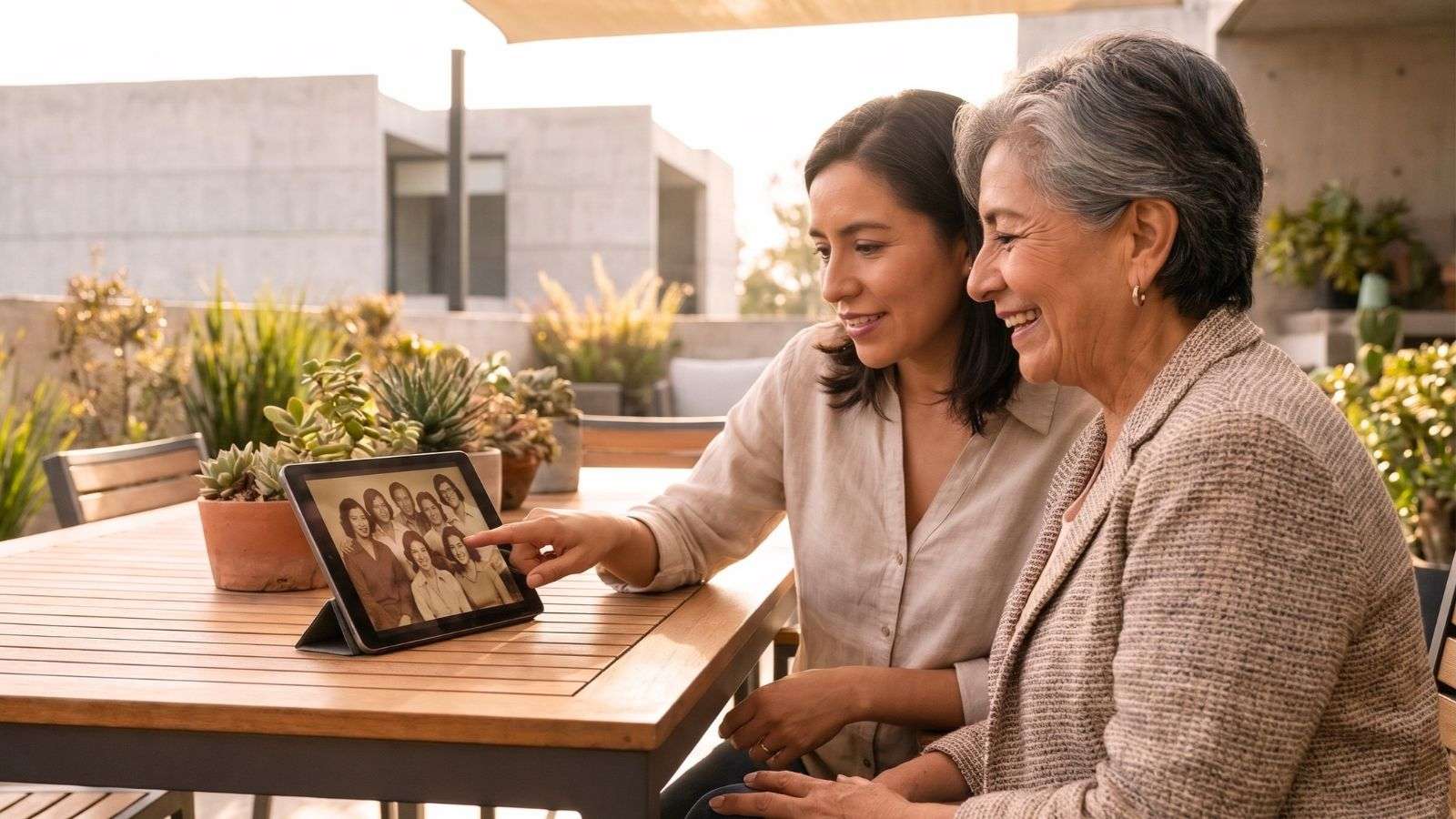 Dos mujeres observan una fotografía antigua en una tableta y comentan sus recuerdos en una terraza contemporánea.