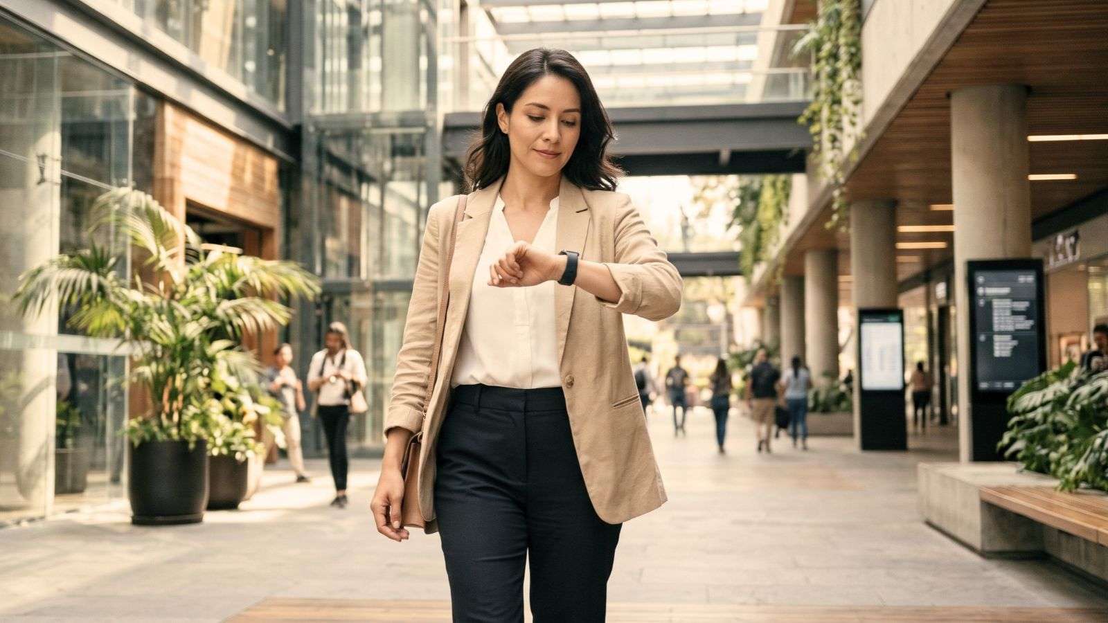 Mujer camina por un espacio urbano moderno mientras consulta discretamente su reloj inteligente.