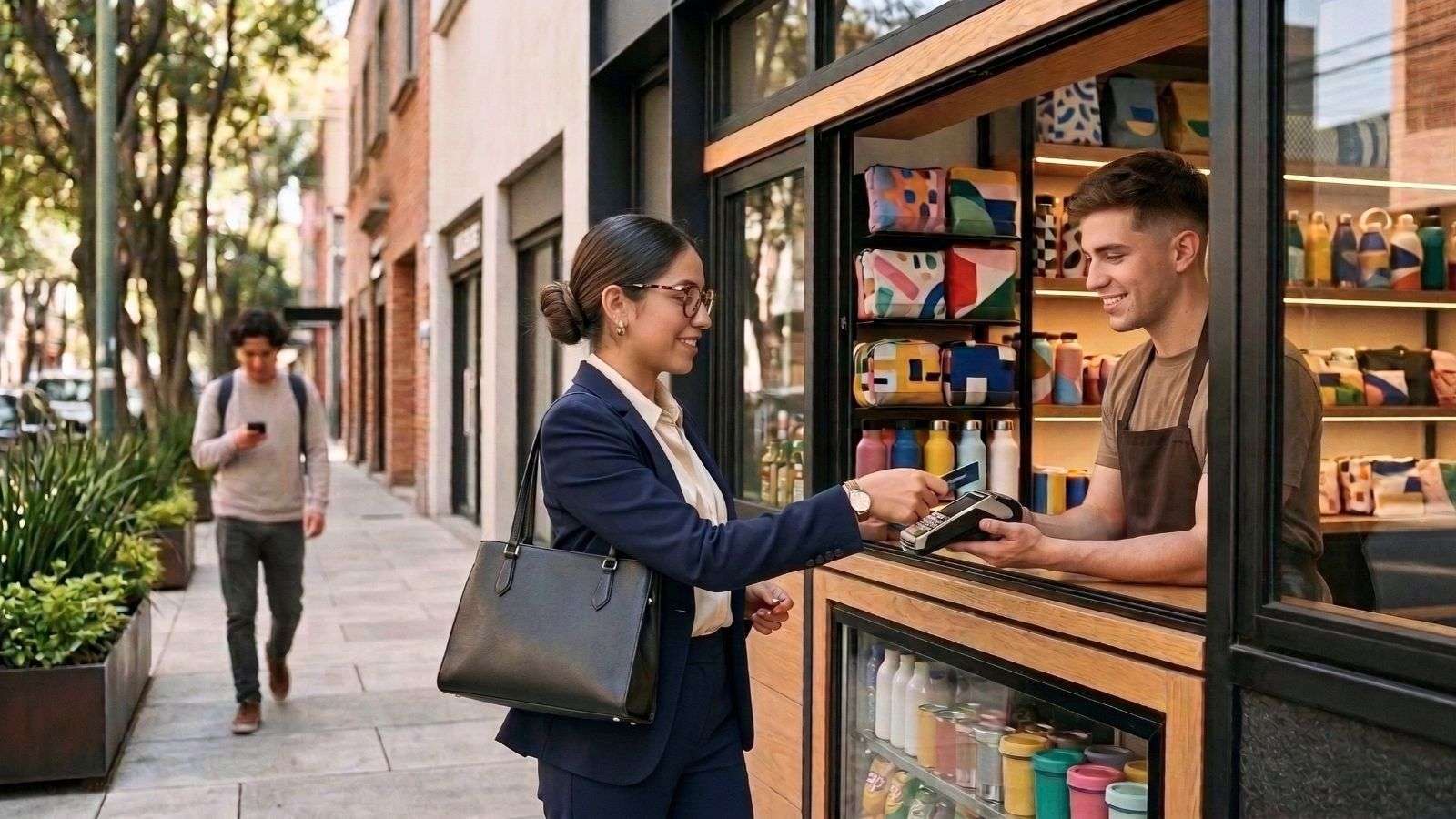 Mujer realiza un pago con tarjeta en un comercio urbano contemporáneo de México, mientras la vida cotidiana continúa a su alrededor.