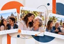 Nuestra historia es más grande que las fotos que compartimos en internet Ilustración editorial de tres publicaciones digitales con fotografías de personas latinoamericanas conectadas por líneas geométricas.