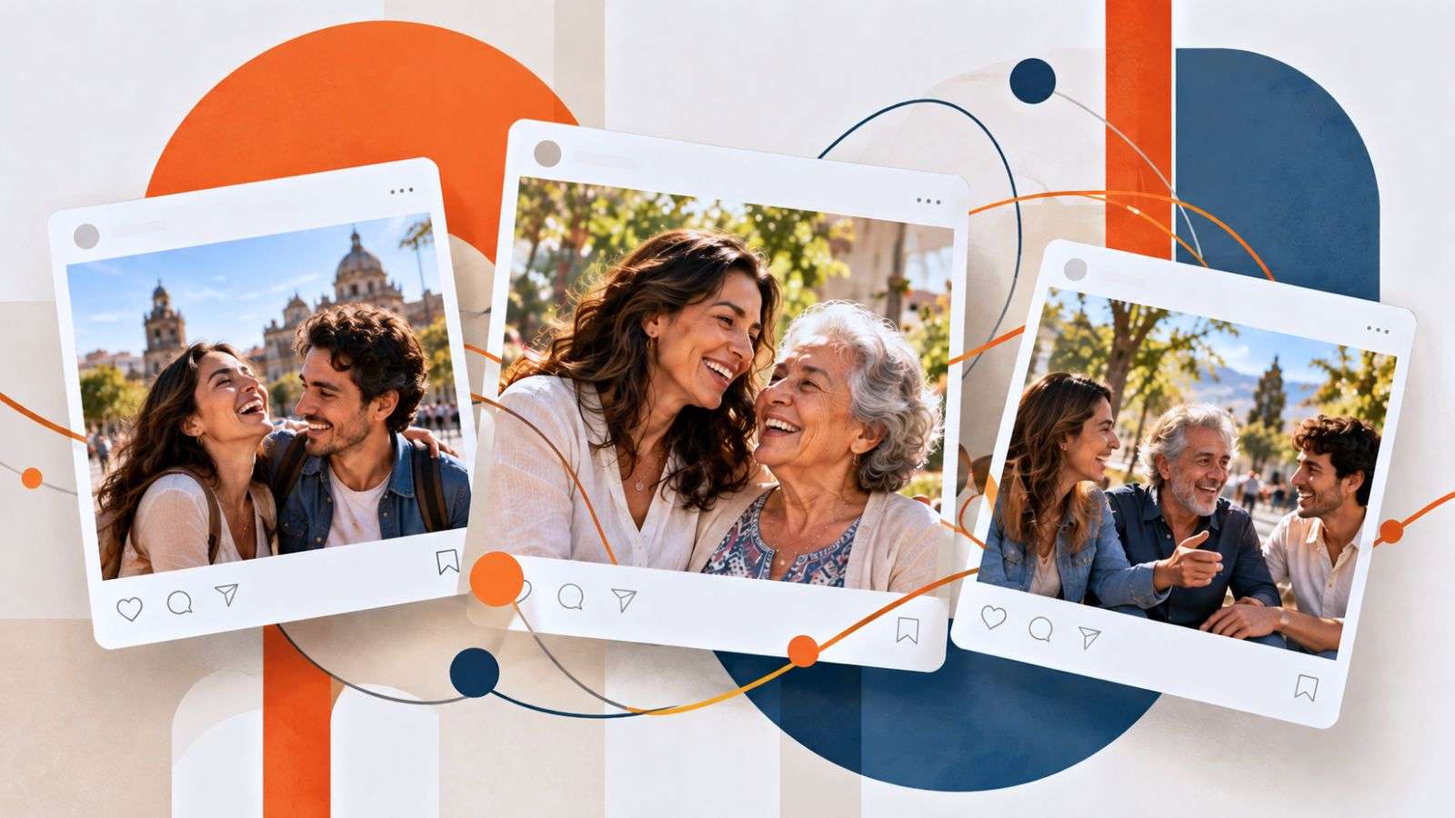 Ilustración editorial de tres publicaciones digitales con fotografías de personas latinoamericanas conectadas por líneas geométricas.