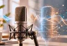 Micrófono de estudio con un tratamiento visual que sugiere la duplicación digital de una voz.