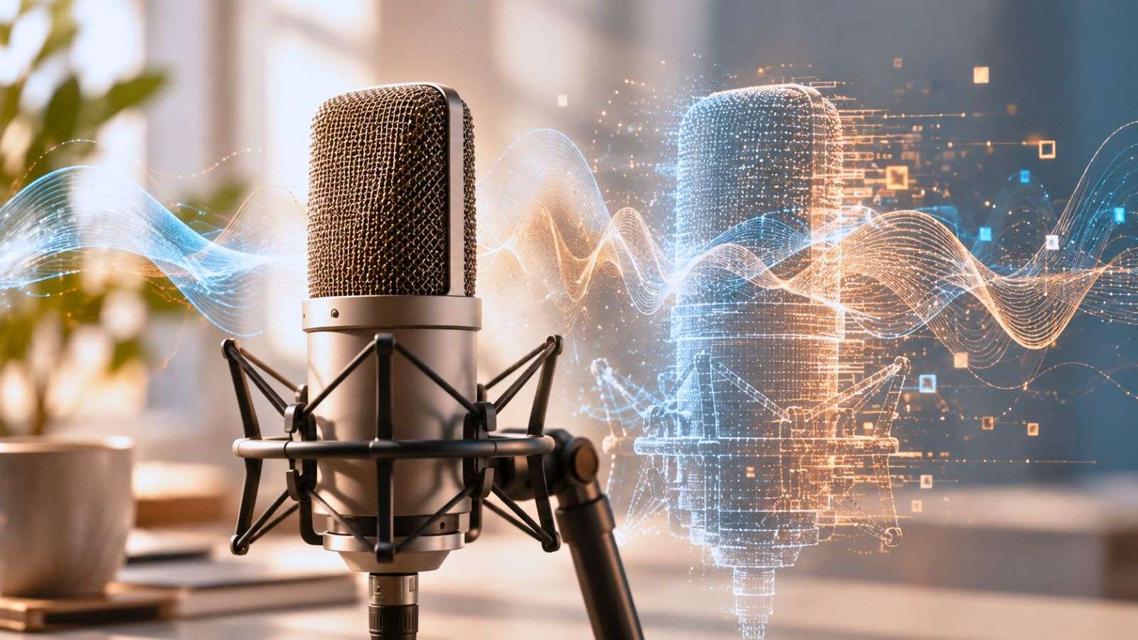 Micrófono de estudio con un tratamiento visual que sugiere la duplicación digital de una voz.