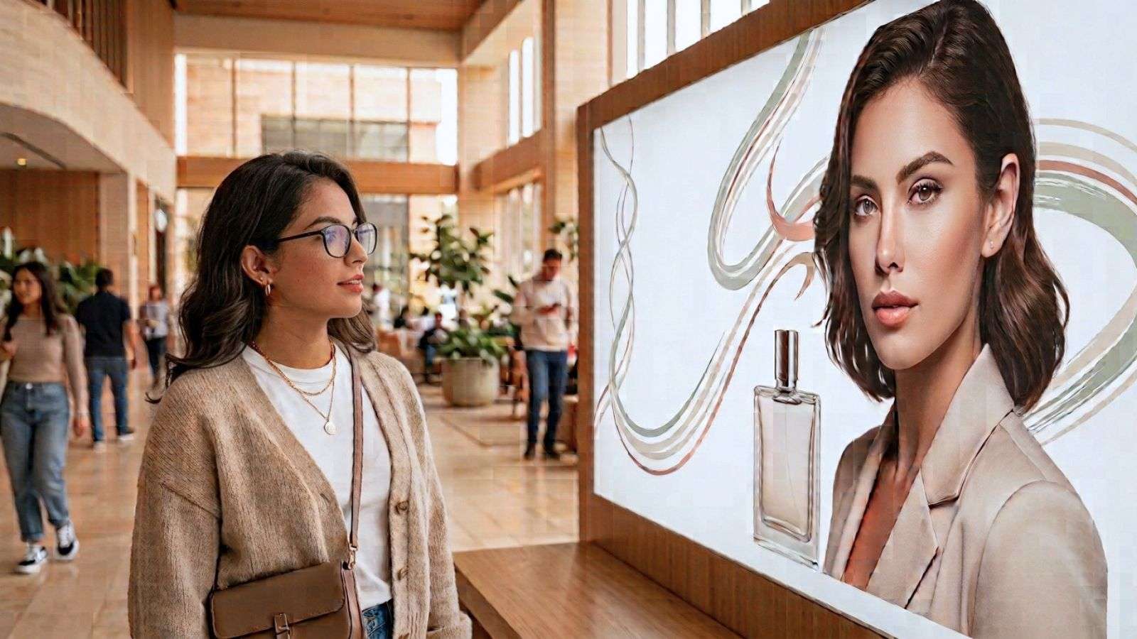 Persona observando un anuncio con un personaje sintético creado mediante inteligencia artificial.