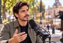 La IA puede reproducir tu voz y tu imagen: quién decide cómo se usan Micrófono de estudio y cámara profesional en primer plano, con una persona realizando una grabación de voz e imagen al fondo.
