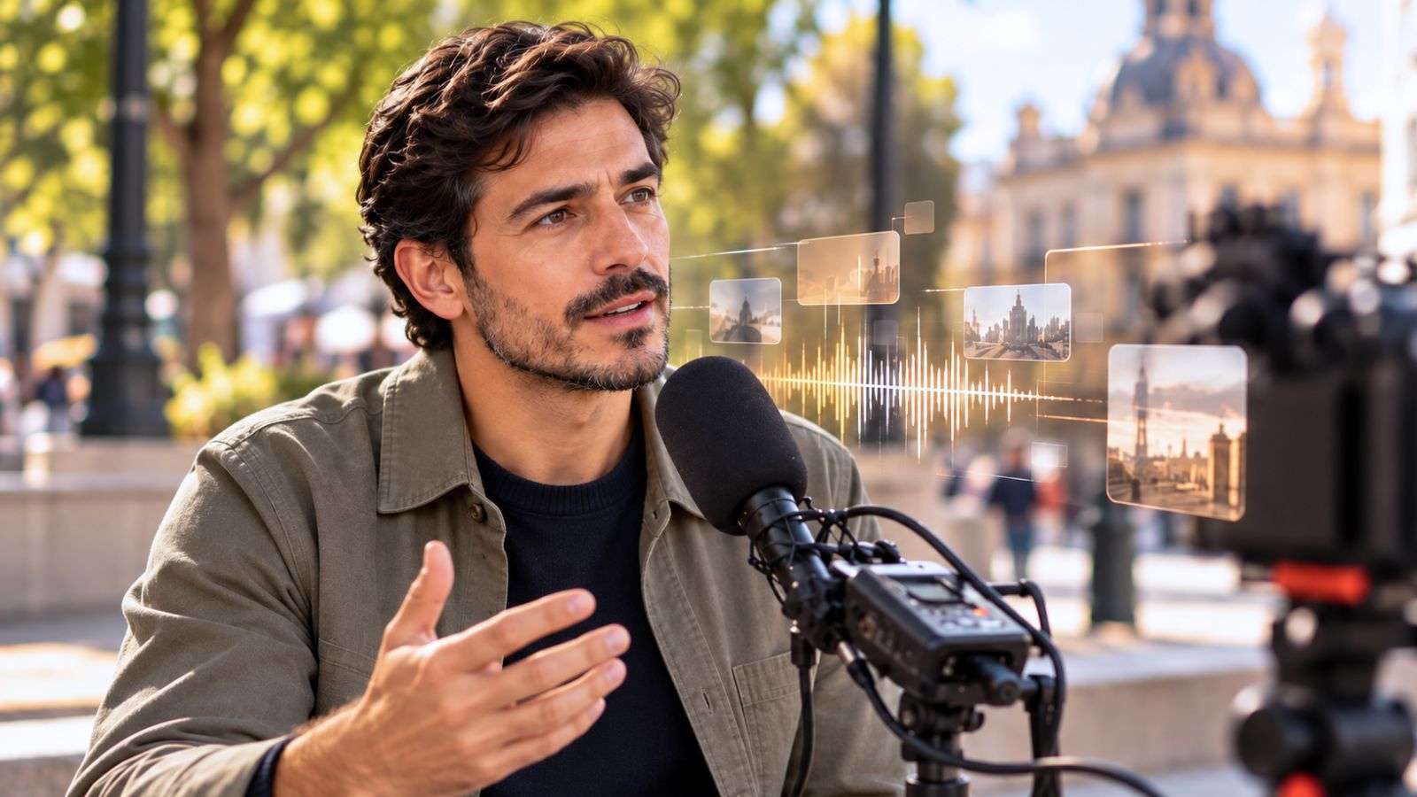 Micrófono de estudio y cámara profesional en primer plano, con una persona realizando una grabación de voz e imagen al fondo.
