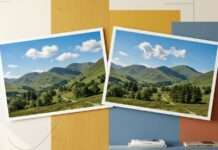 Dos fotografías impresas de un mismo paisaje, con pequeñas diferencias visuales, en una composición editorial colorida.