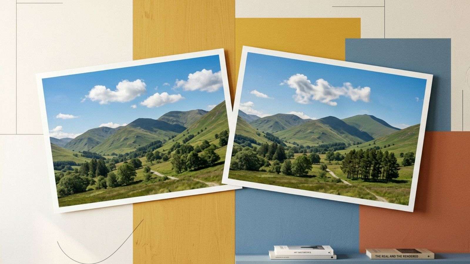 Dos fotografías impresas de un mismo paisaje, con pequeñas diferencias visuales, en una composición editorial colorida.