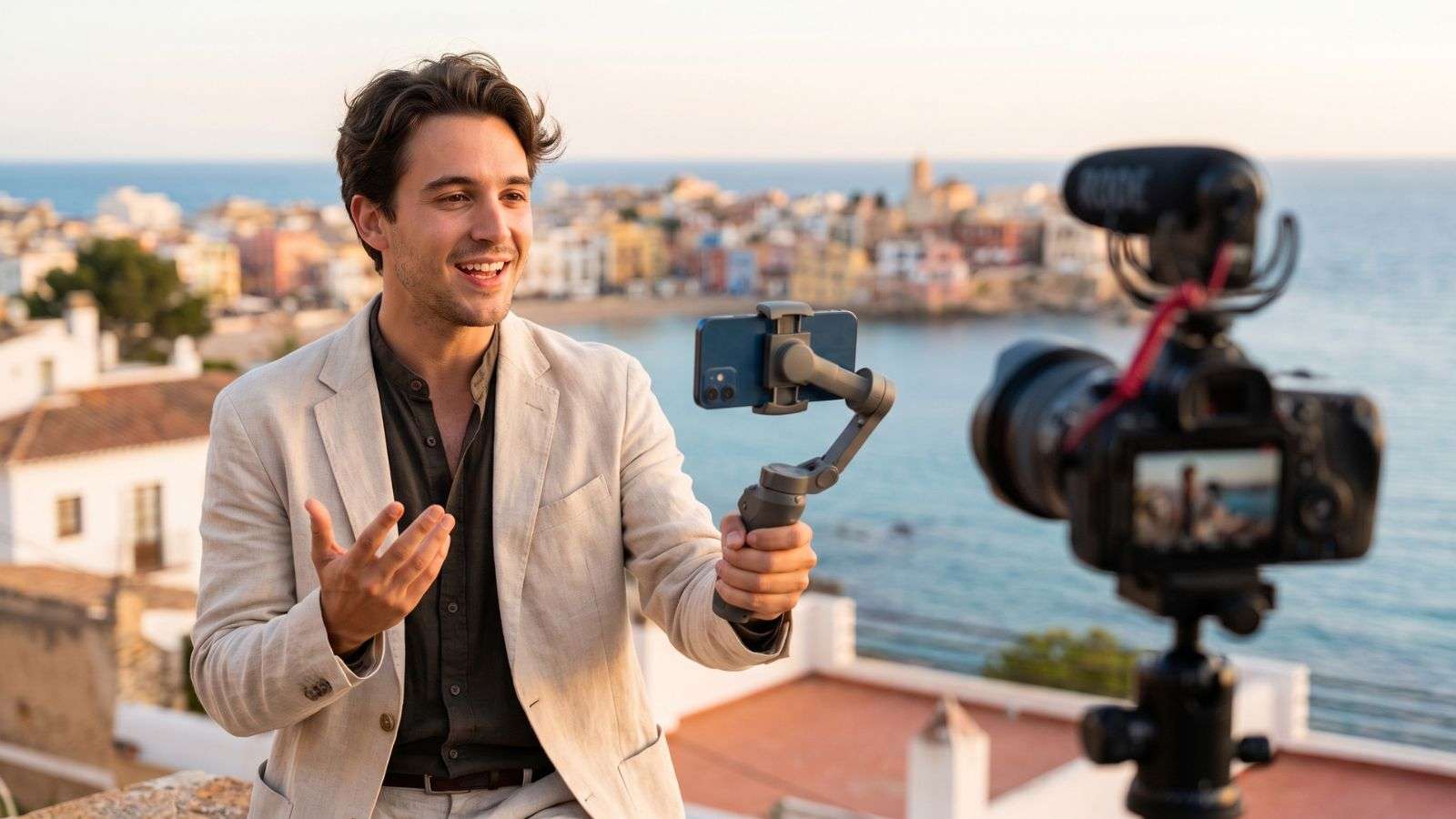 Creador de contenido de viajes se graba en un paisaje panorámico mientras una cámara en primer plano sugiere producción digital.