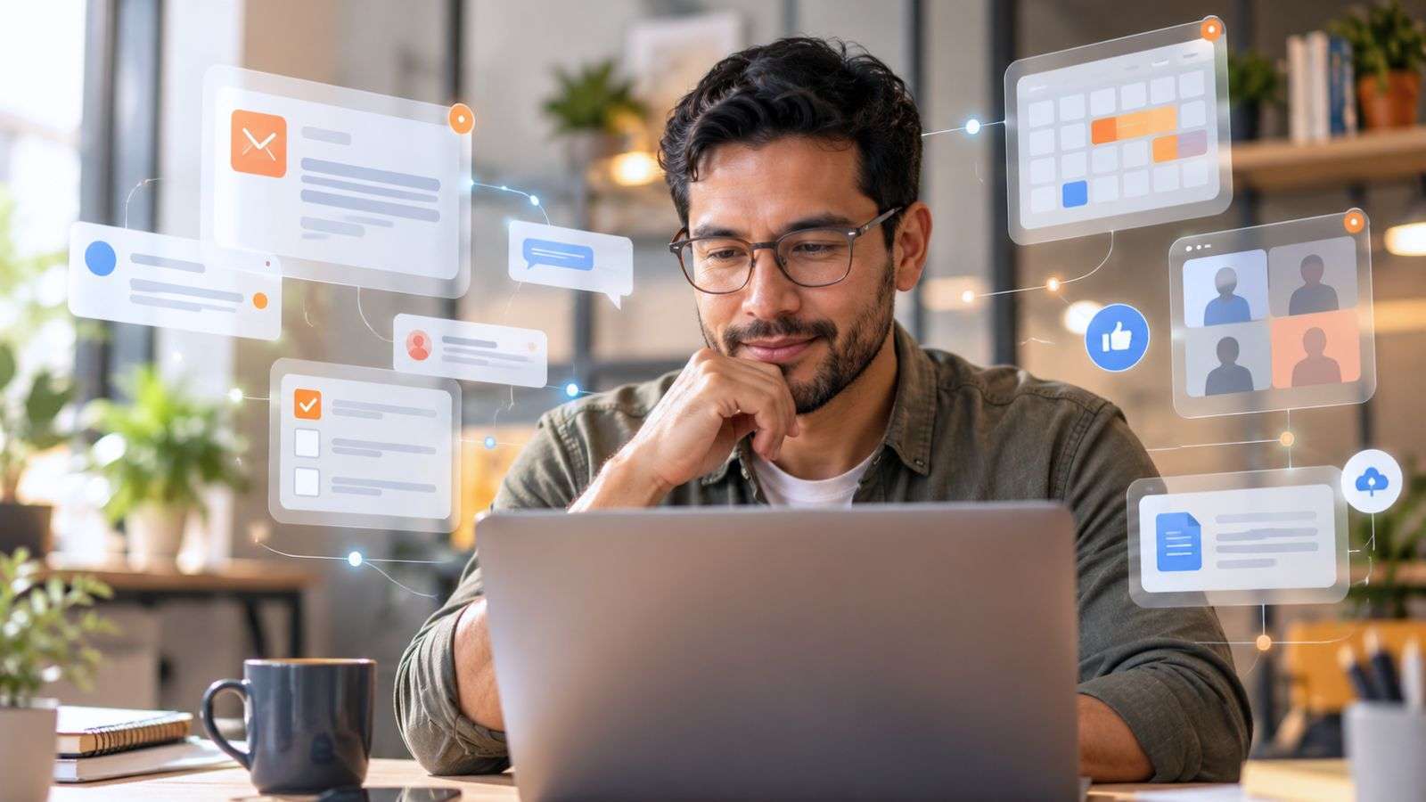 Persona de oficina frente a una pantalla, rodeada de elementos visuales que sugieren mensajes y comunicación laboral digital.