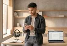 Mensajes, reuniones y seguimiento: la otra cara de la productividad Escena editorial de una persona en transición entre tareas mientras revisa una señal digital de coordinación y seguimiento laboral.
