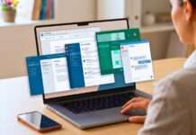 Espacio de trabajo digital con documento, mensajes y asistente de IA distribuidos entre distintas pantallas y herramientas.