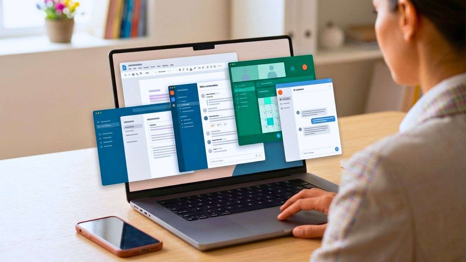 Espacio de trabajo digital con documento, mensajes y asistente de IA distribuidos entre distintas pantallas y herramientas.