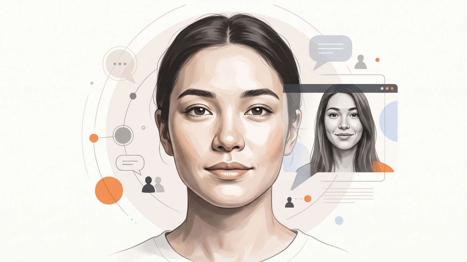 Ilustración editorial de una persona en primer plano con expresión empática y elementos visuales que sugieren vínculo, comunicación y presencia digital.