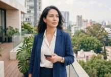 Nos acostumbramos a resolverlo todo con tecnología, hasta que algo falla Mujer elegante de pie en una terraza urbana, con un teléfono en la mano, mientras observa hacia un costado con expresión reflexiva.