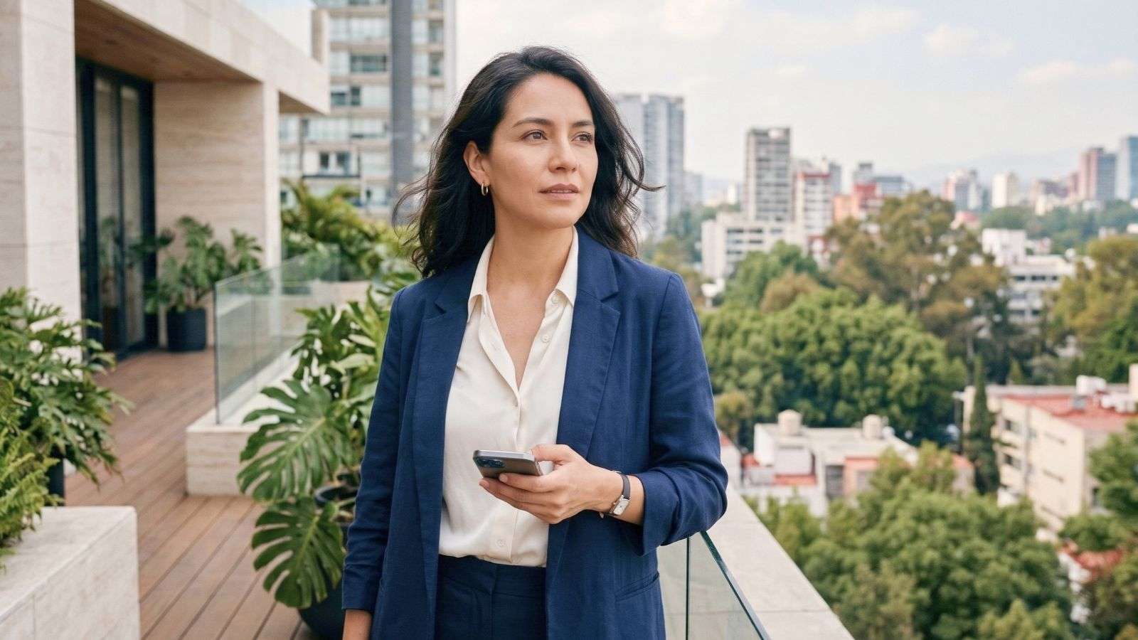 Mujer elegante de pie en una terraza urbana, con un teléfono en la mano, mientras observa hacia un costado con expresión reflexiva.