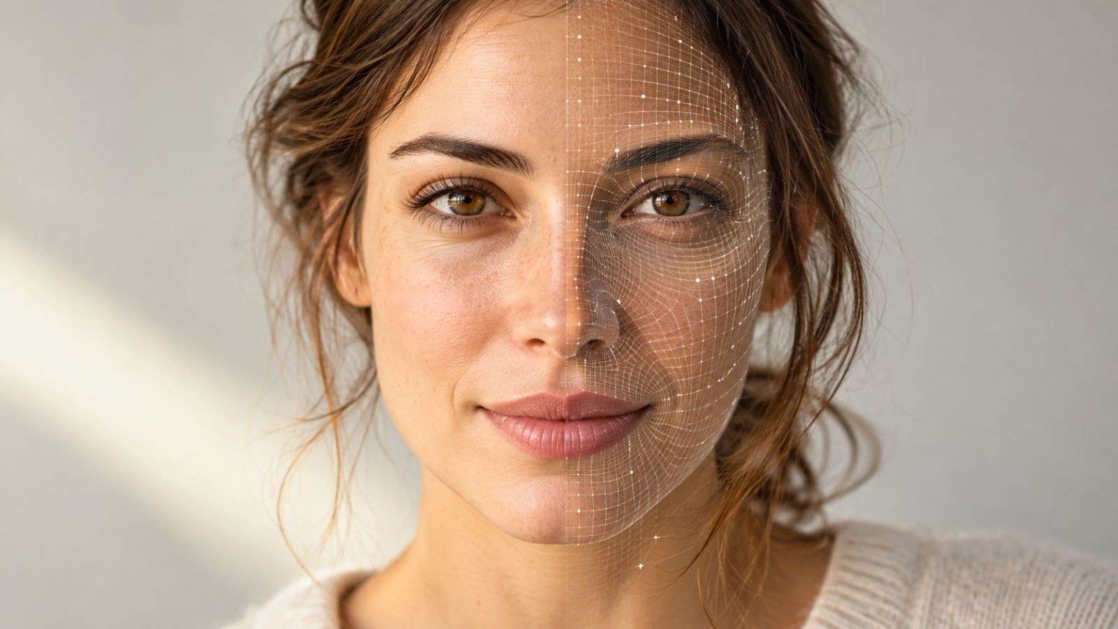Retrato de una persona con una mitad del rostro natural y la otra con líneas sutiles de modelado digital.